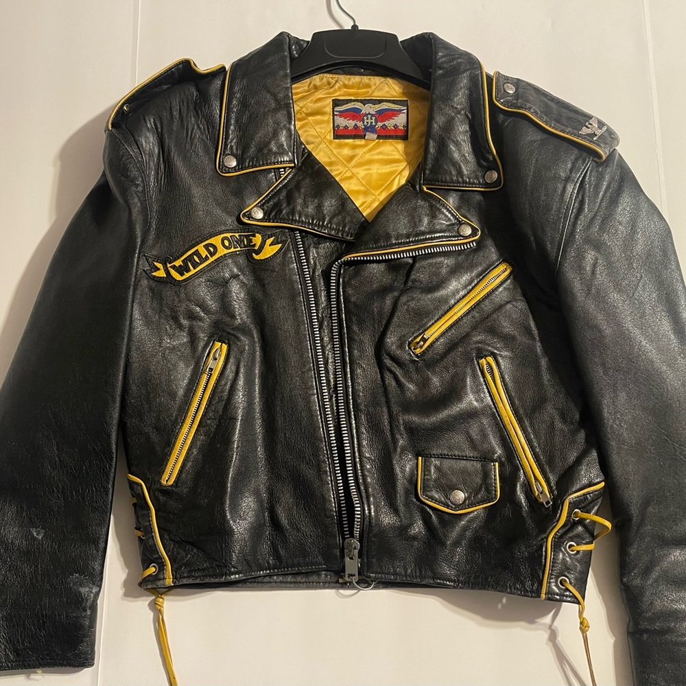 Vintage Leather Biker Jacket Men’s Small Black Yellow Wild One Quilted Lining